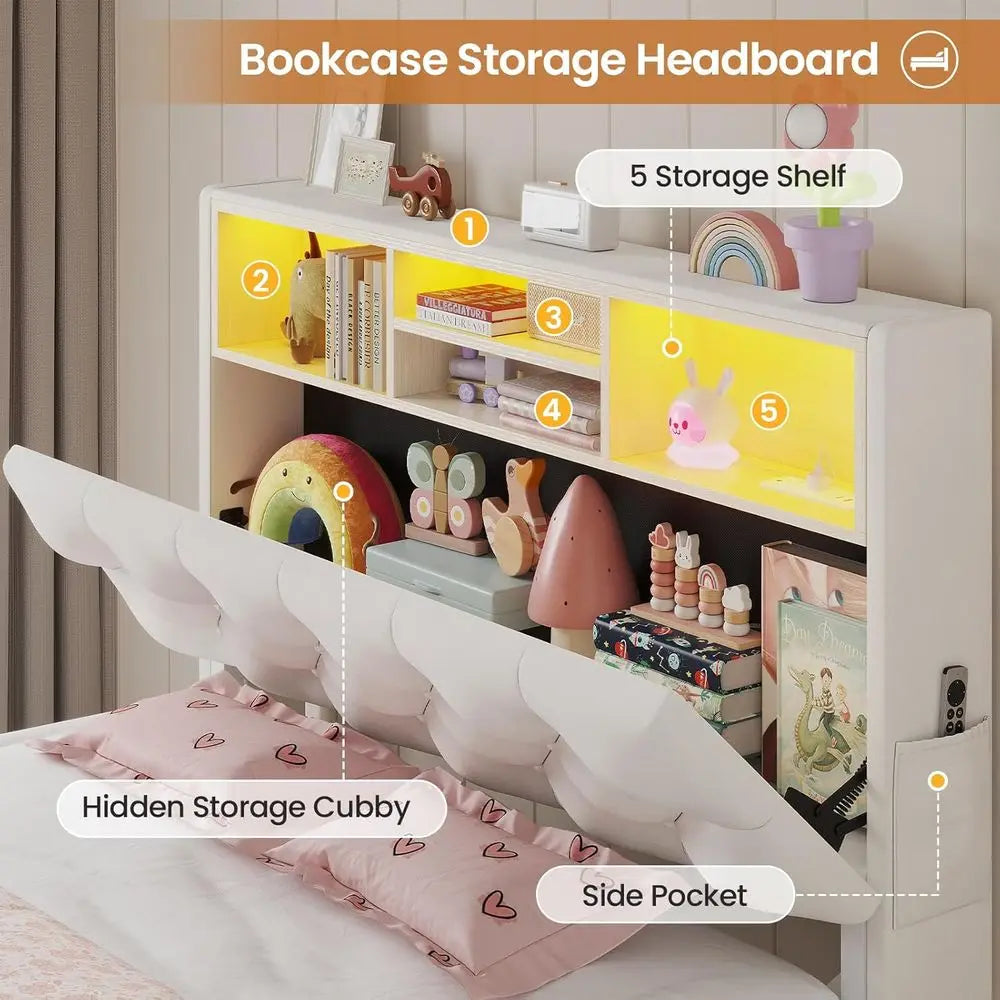Velvet Upholstered Platform Bed With Bookcase For Kids