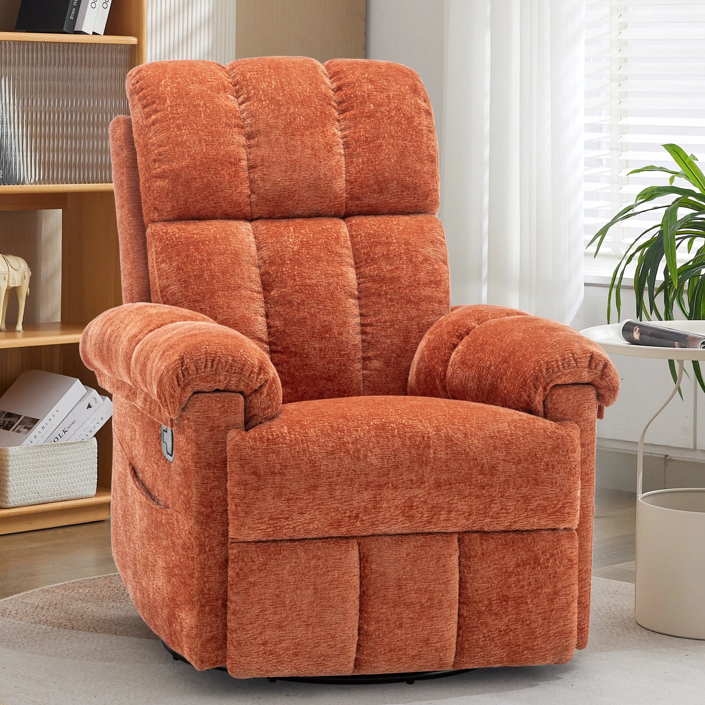 Korser swivel rocker recliner chair in orange chenille for small spaces with plush cushions.