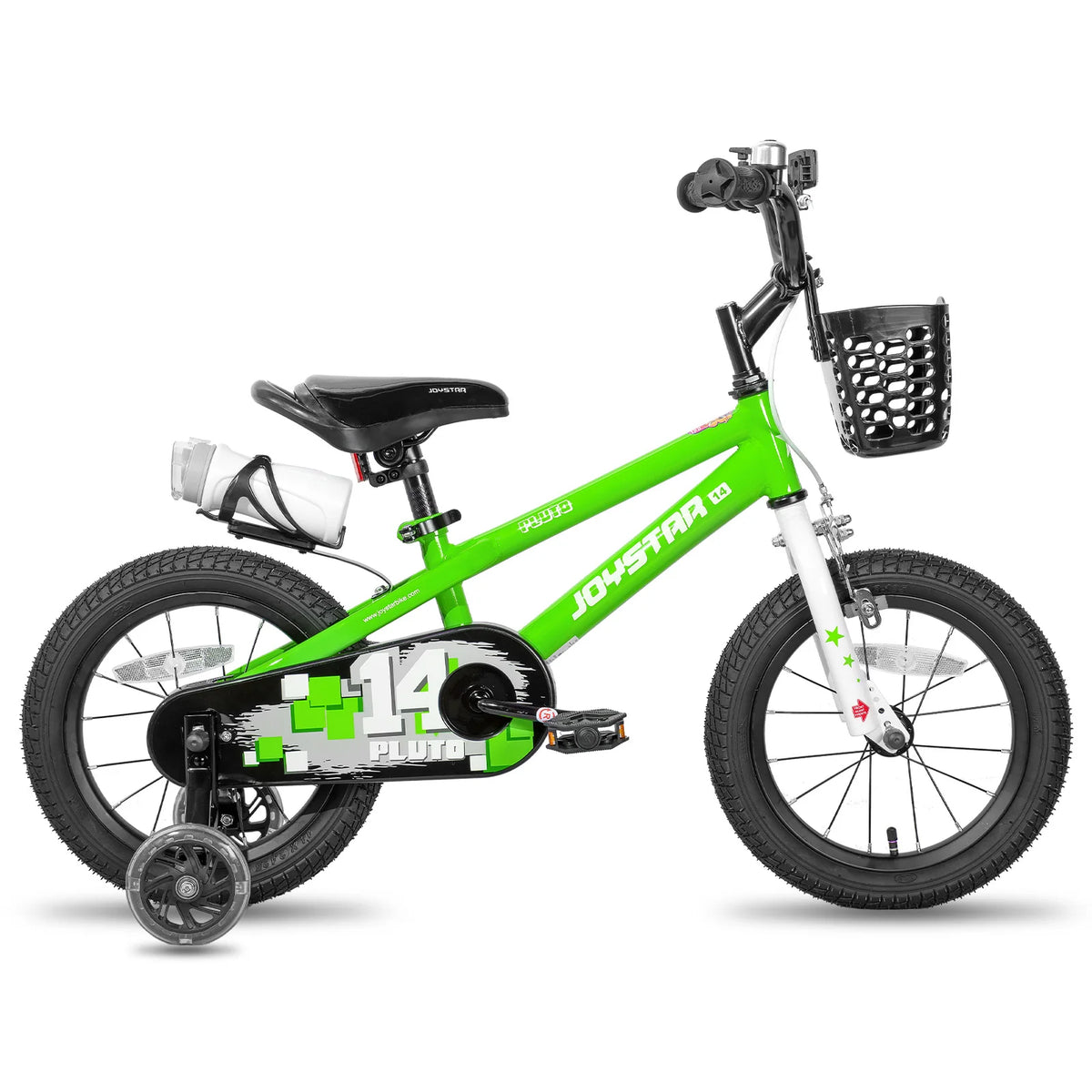 JOYSTAR kids' bicycle in bright green with training wheels, black saddle, front basket and water bottle.