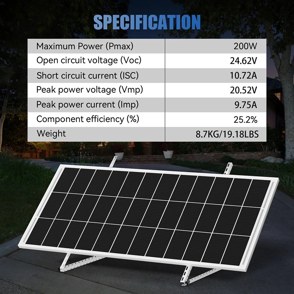 RVPOZWER rigid solar panel, 200W with black N-Type mono cells in a white frame for outdoor off-grid use