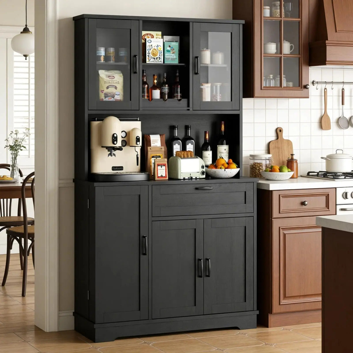 Vongrasig tall pantry cabinet in dark gray with glass doors and open middle shelf for bottles and small appliances