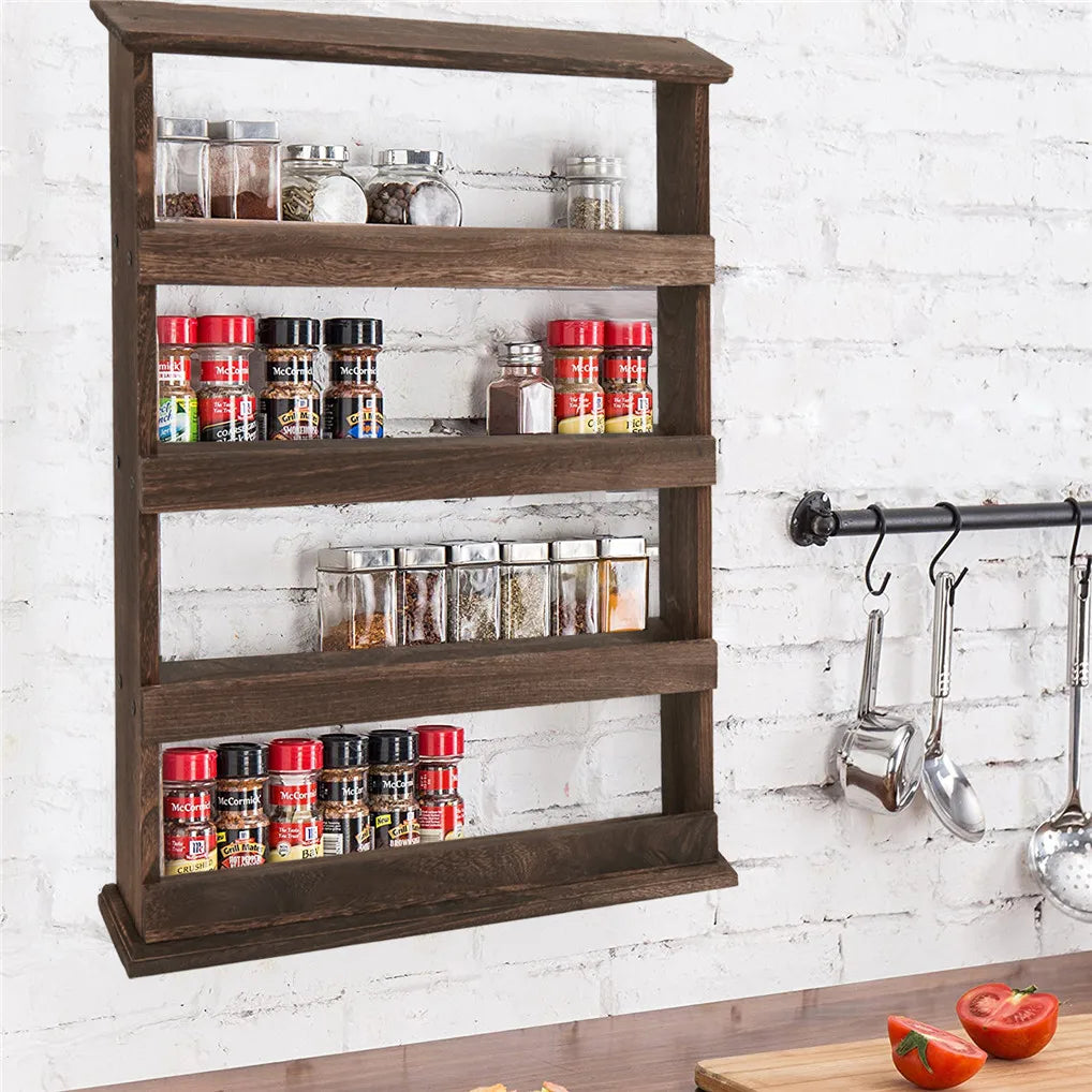 Rustic torched-wood wall-mounted 4-tier spice rack with glass jars, by S And B Enterprise