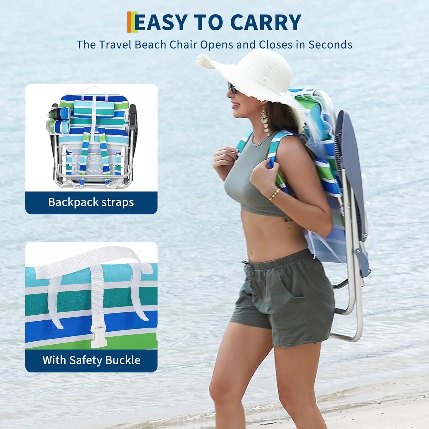 Backpack beach chair for adults in blue and green stripes carried as a backpack by a woman on the beach