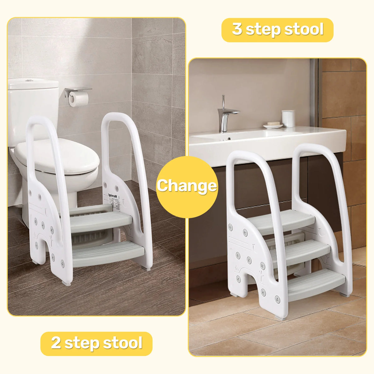 Toddler 3-step stool with side handles, white plastic, by S And B Enterprise
