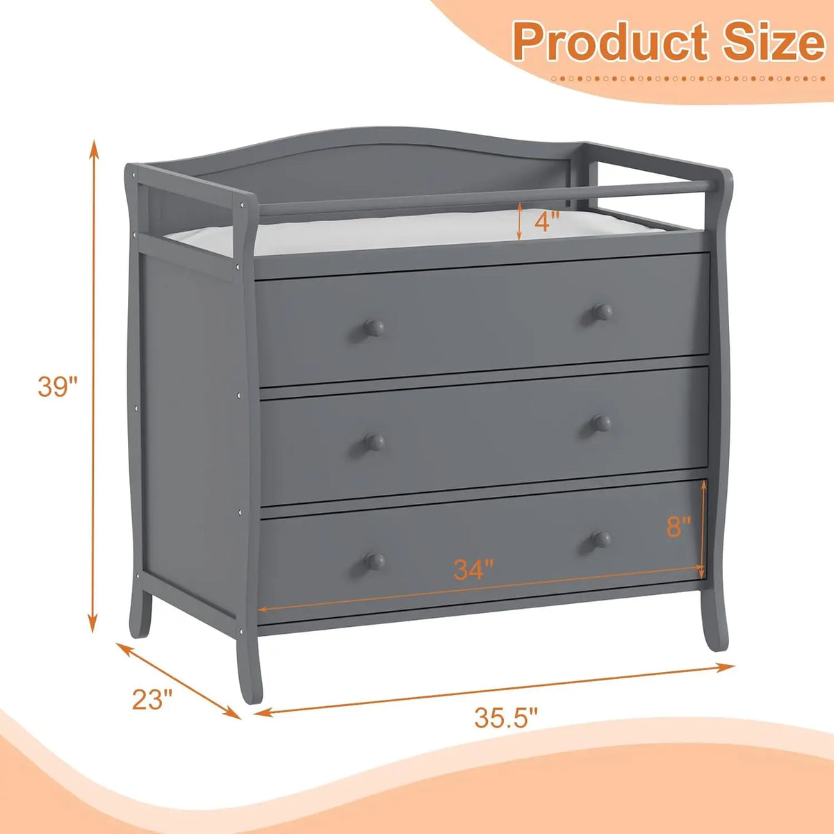 3-Drawer baby changing table by S And B Enterprise, gray wood with safety rails