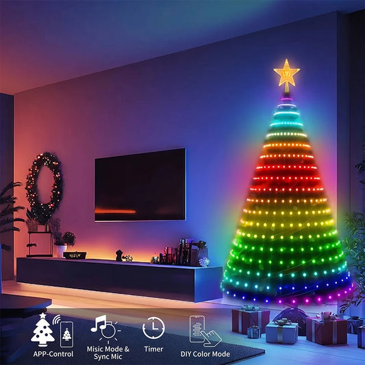 400LED Smart RGB Christmas Tree Lights by S And B Enterprise, rainbow LEDs on a tree, IP67 waterproof for indoor/outdoor