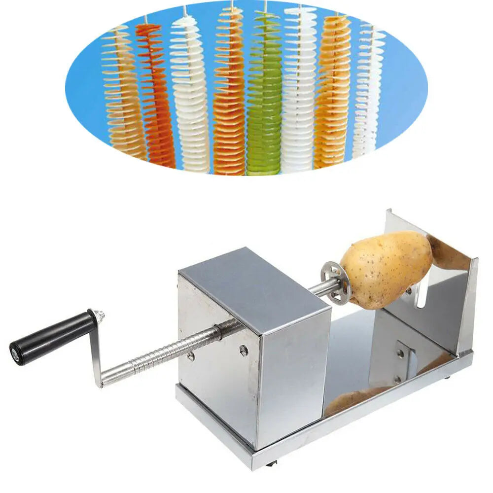 Stainless steel hand-cranked spiral potato cutter with a potato on the spindle