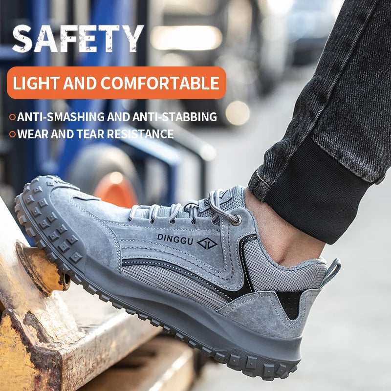 Men's safety work shoe in gray with rugged outsole; Dinggu brand, anti-smash, anti-piercing, wear-resistant steel toe.