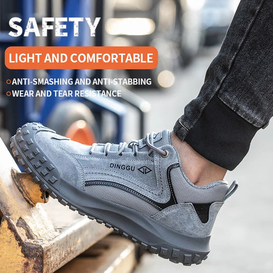 Men's safety work shoe in gray with rugged outsole; Dinggu brand, anti-smash, anti-piercing, wear-resistant steel toe.