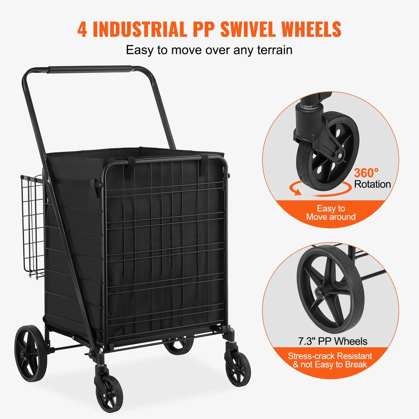 SucceBuy Folding Shopping Cart With Waterproof Liner And 360 Degree Wheels