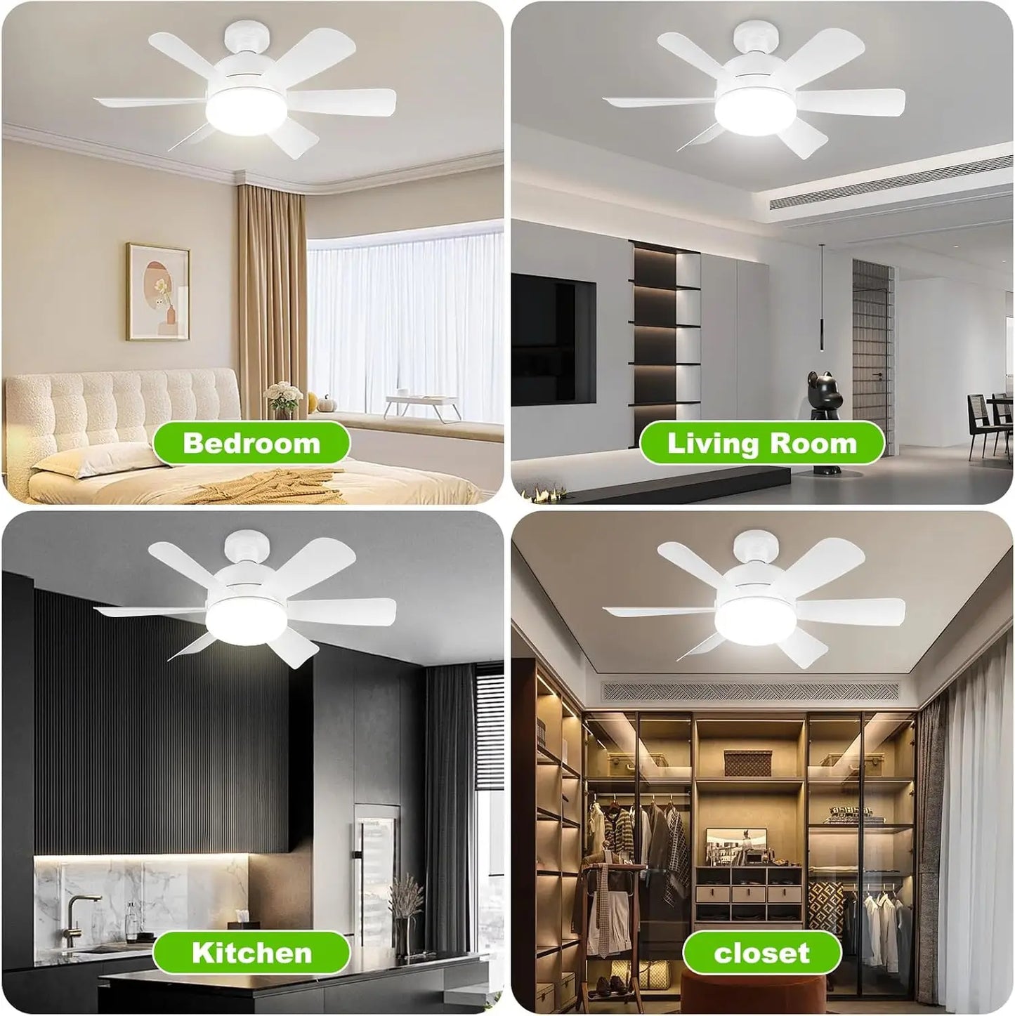 Socket LED ceiling fan light with remote, white blades; 4-room collage shows bedroom, living room, kitchen, closet.