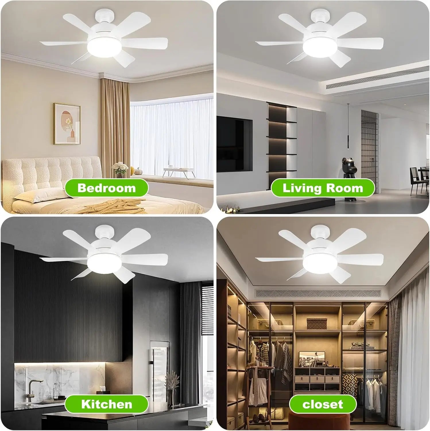 Socket LED ceiling fan light with remote, white blades; 4-room collage shows bedroom, living room, kitchen, closet.