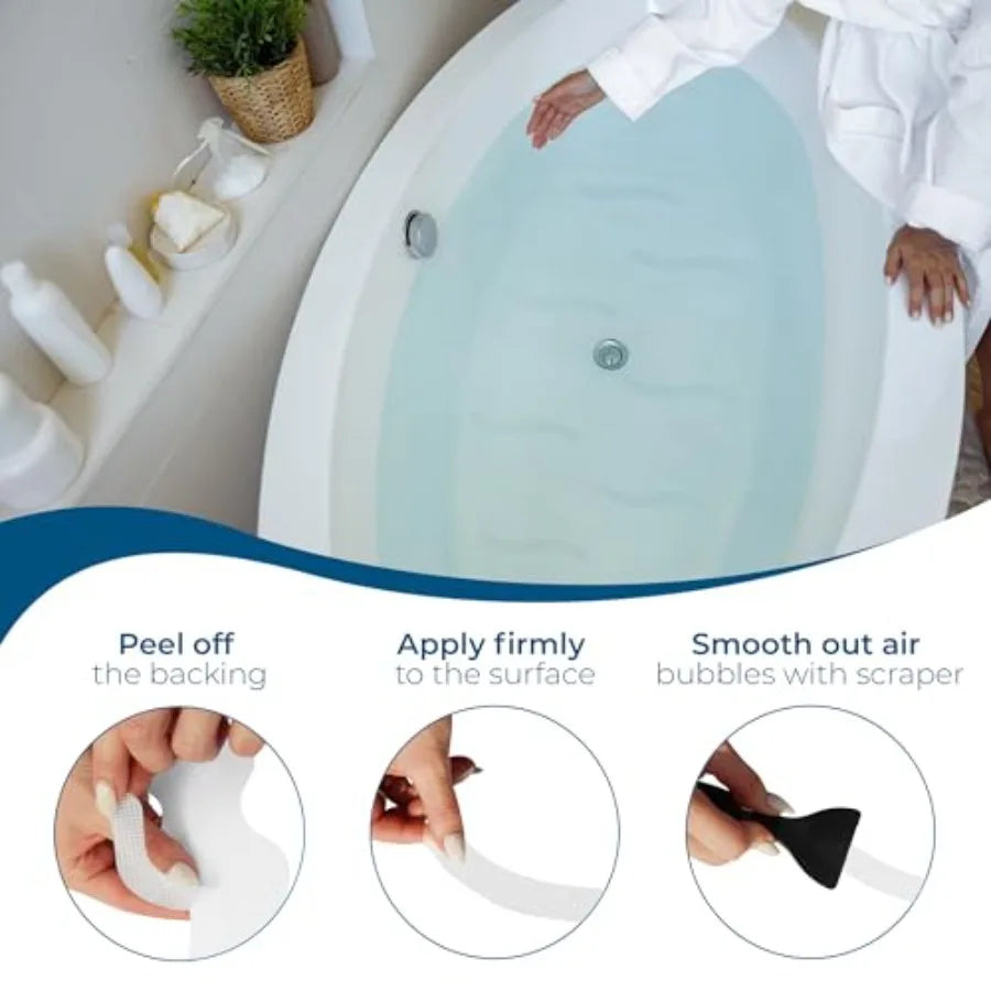 Anti-slip shower stickers, white adhesive bath strips, shown peeled and applied inside a bathtub.