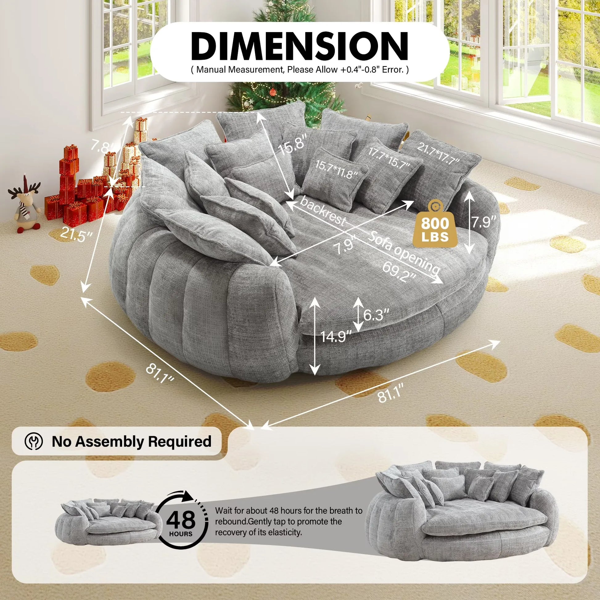 81.1" Cloud Couch Sleeper Sofa, Oversized Round Chaise Lounge Chair with 14 Pillows, Modern Chenille Boneless Couch, Memory Foam by S And B Enterprise