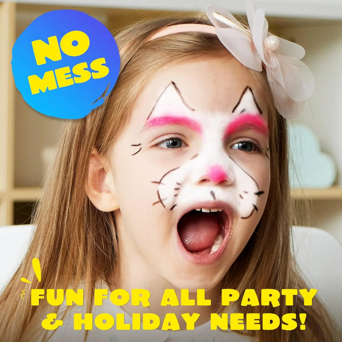 42PCS Face and Body Paint Crayons Kit for kids; child with bunny face paint white base pink accents and No Mess badge