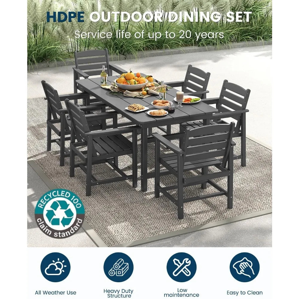7-Piece HDPE All-Weather Outdoor Patio Dining Set with Umbrella Hole Table and 6 Chairs Grey for Garden Backyard