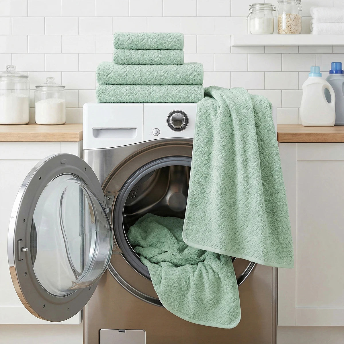 12-Piece Towel Set by S And B Enterprise: soft green bath, hand, and face towels; 2 bath, 4 hand, 6 face, high absorbency.