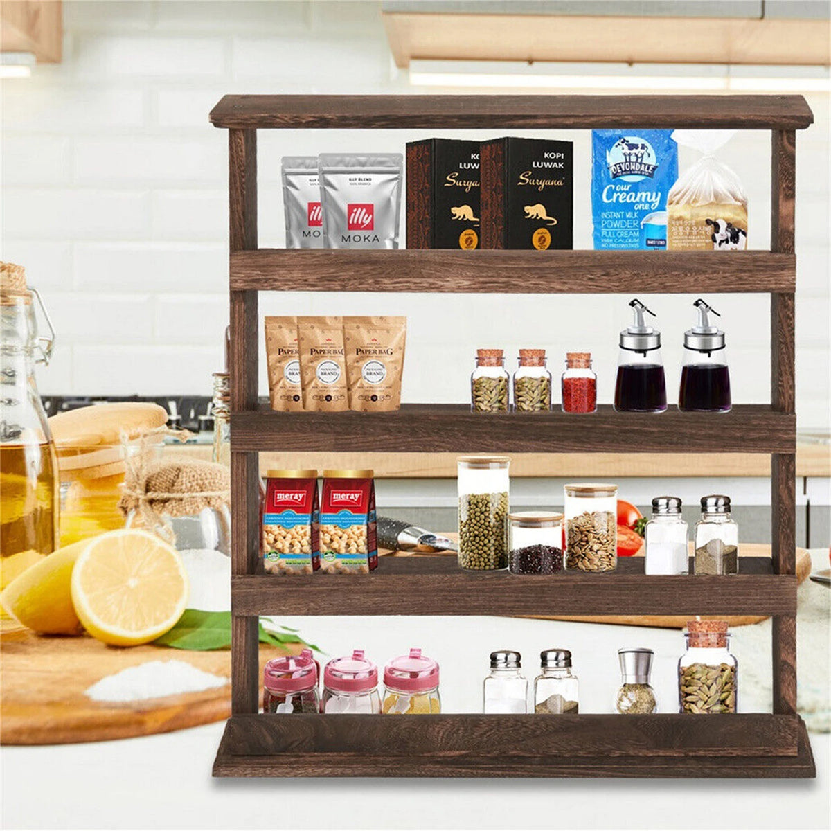 Rustic torched wood wall-mounted 4-tier spice rack by S And B Enterprise with jars and spice bottles.