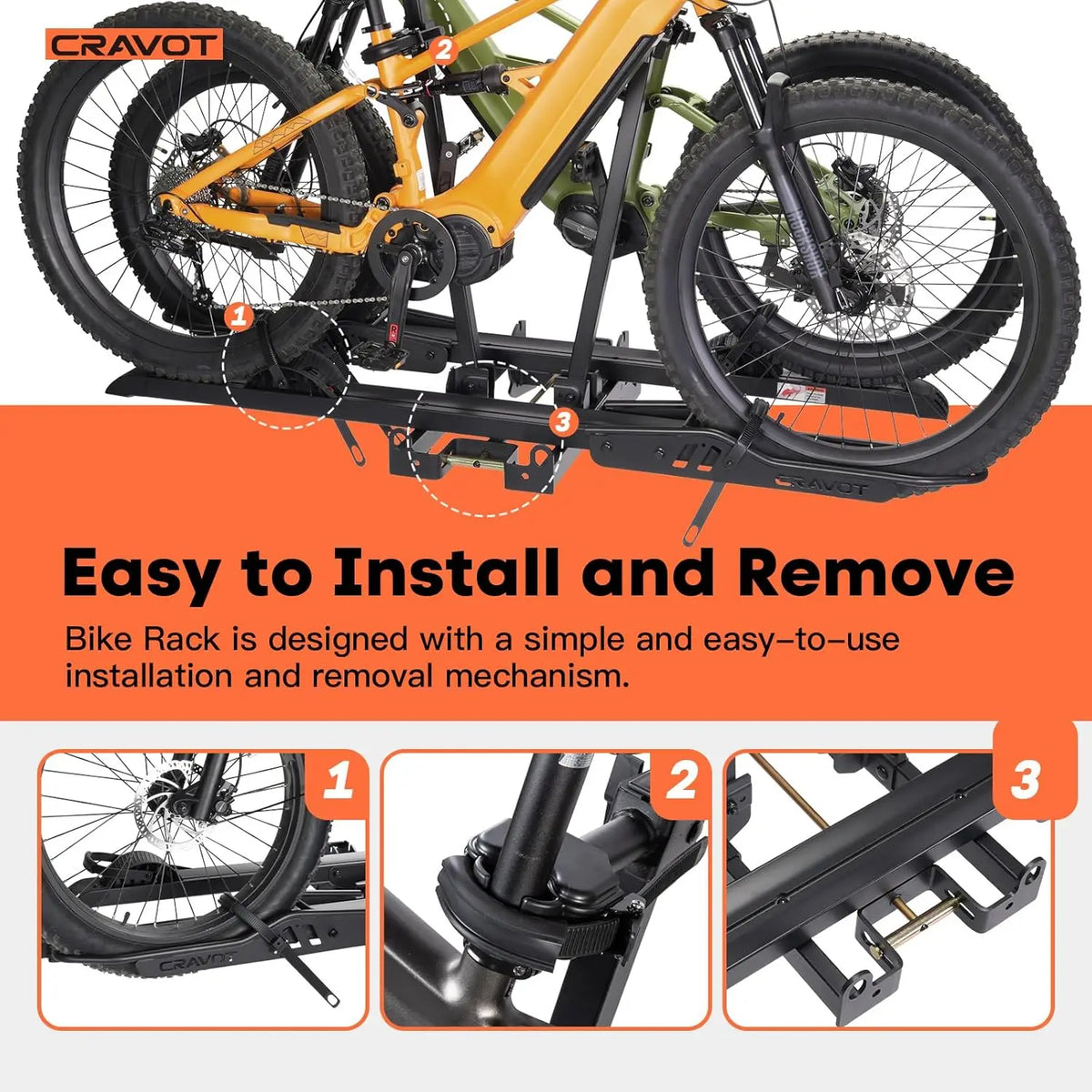 CRAVOT CyberRack S2 Ebike Rack; foldable 2-bike hitch carrier, 300 lb capacity, black metal.