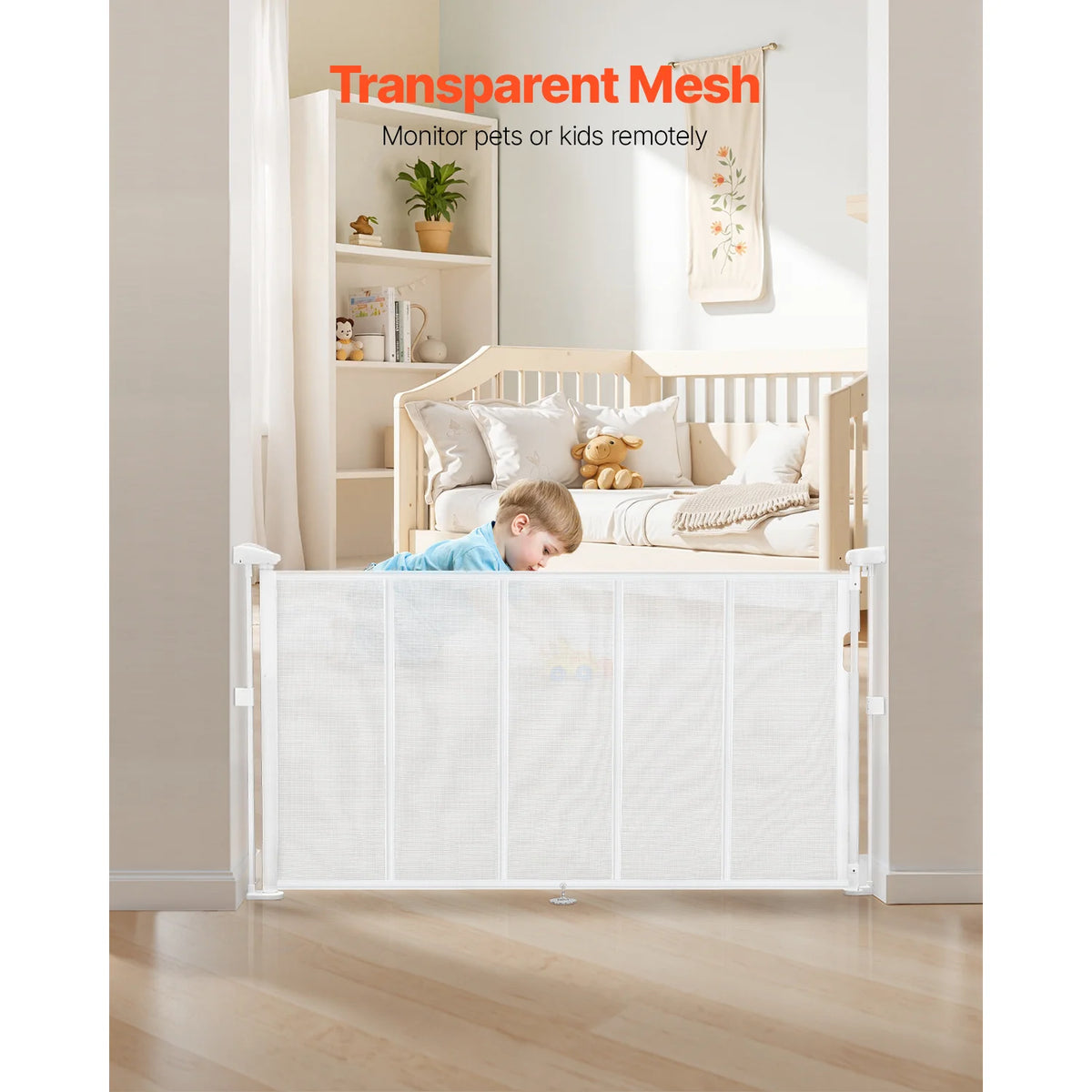 SucceBuy retractable baby gate, white mesh barrier extending up to 110 inches, across doorway in a child's living area