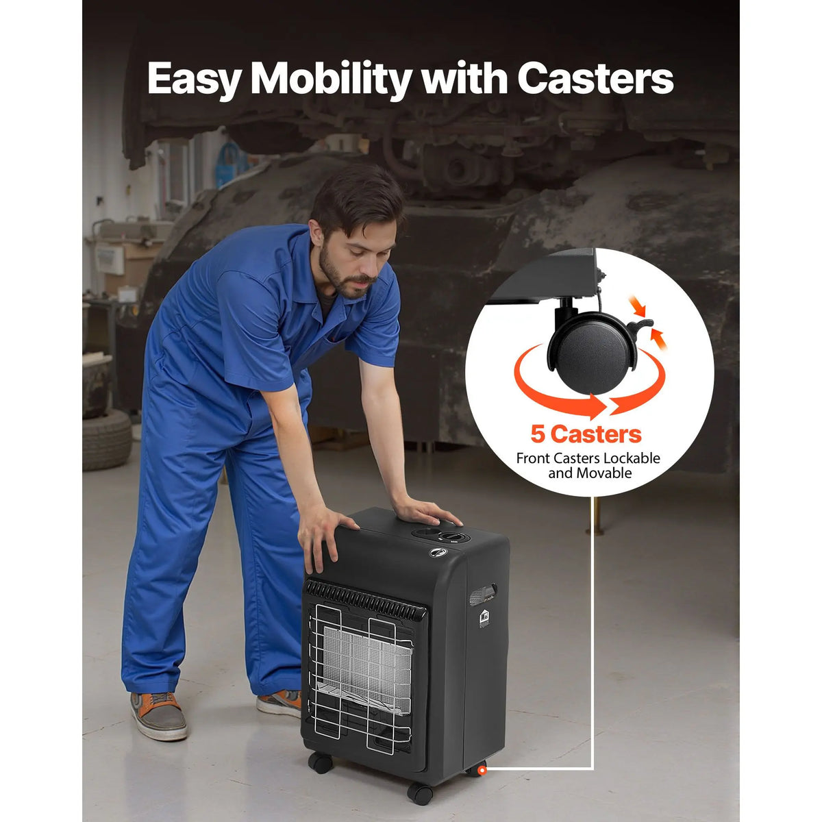 Propane cabinet heater, black, on wheels with 5 casters for portable use
