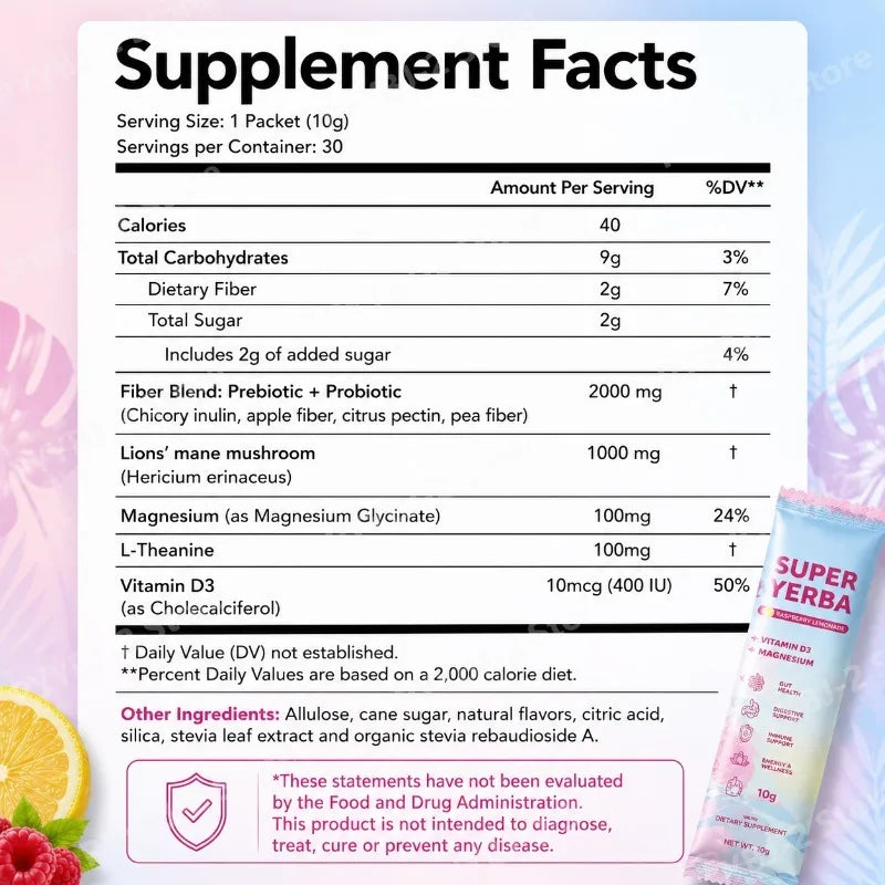 Yerba Instant Powder 30 Packets Contain Raspberry Lemonade Flavor Vitamin D3 Prebiotics Support Gut Clean and Provide Energy by S And B Enterprise