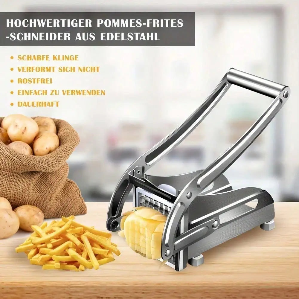 S And B Enterprise stainless steel vegetable and French fry cutter with folding handle and blade grid for potatoes