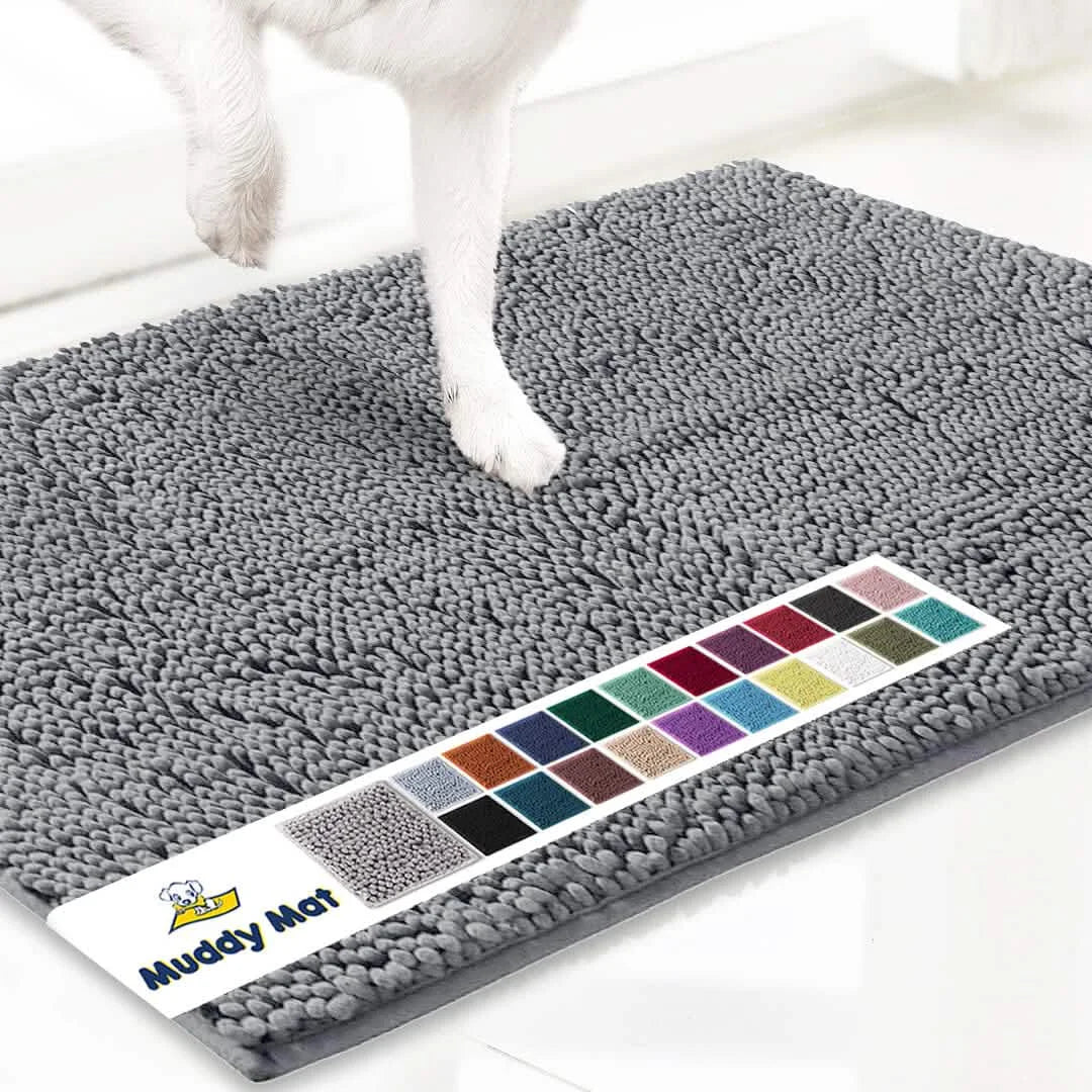 Muddy Mat gray microfiber doormat with color-swatches label; dog paw stepping on it.