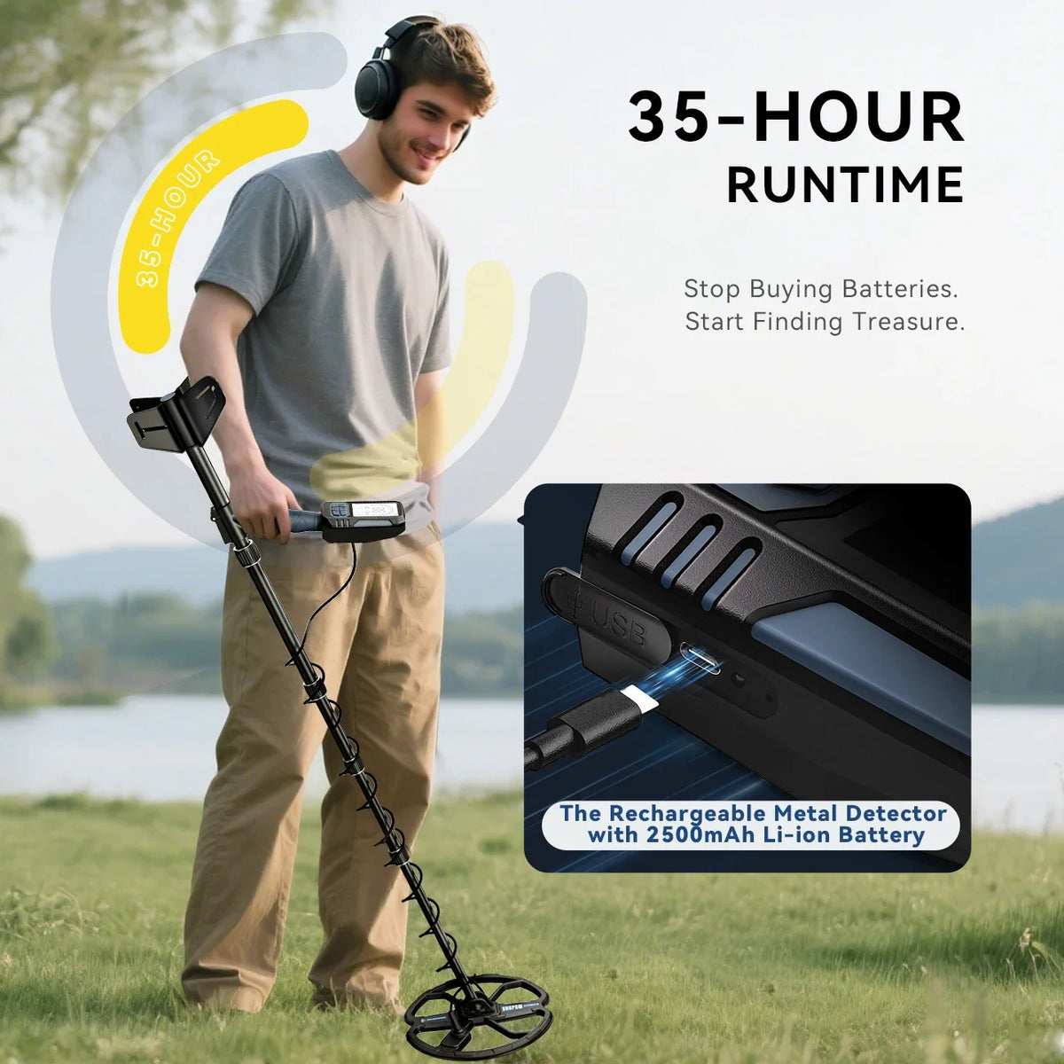 SUNPOW metal detector for adults with double-D coil, USB-C charging, IP68 waterproof, 35-hour runtime kit