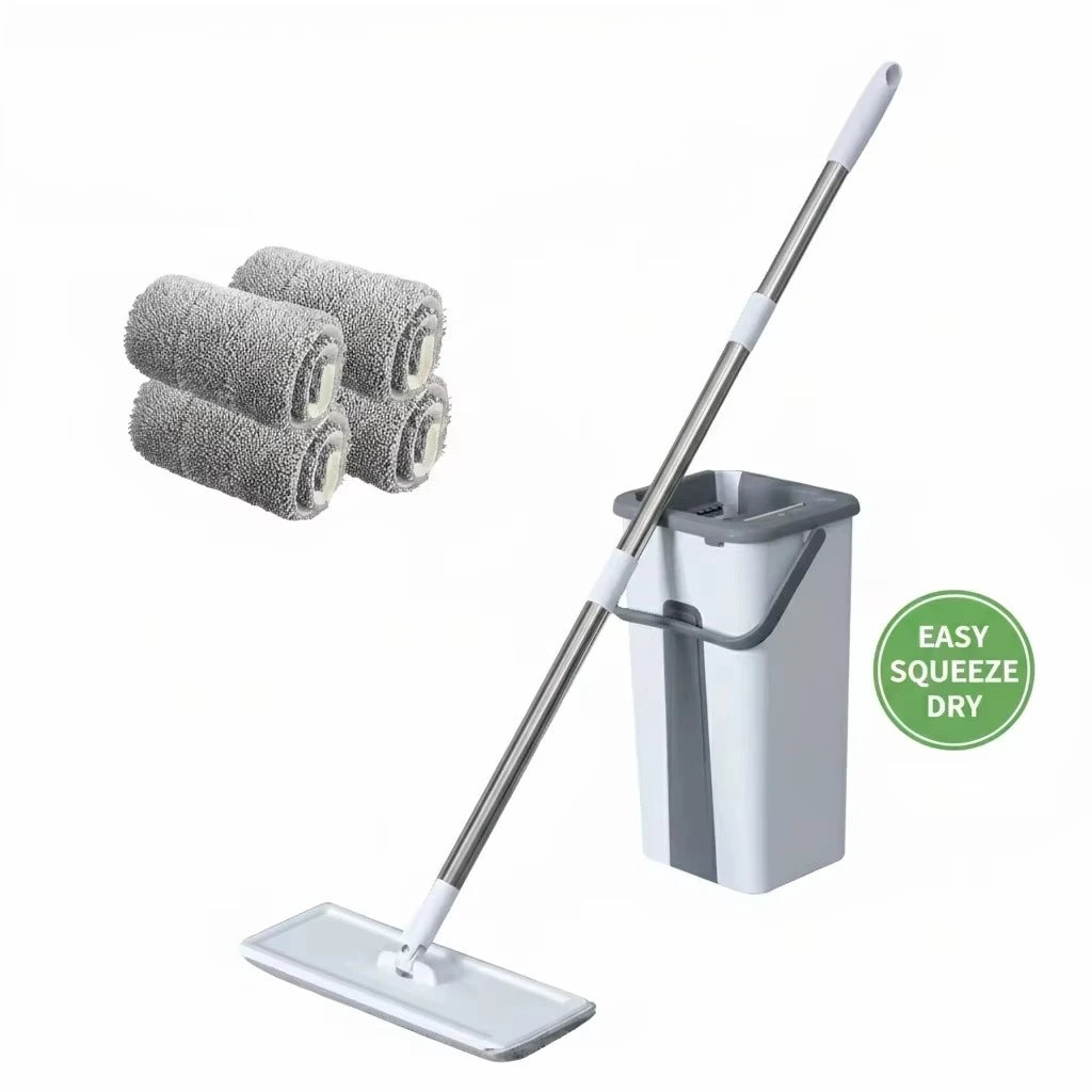 S And B Enterprise Wash and Edge flat mop set with gray microfiber pads, white mop head, and cleaning bucket