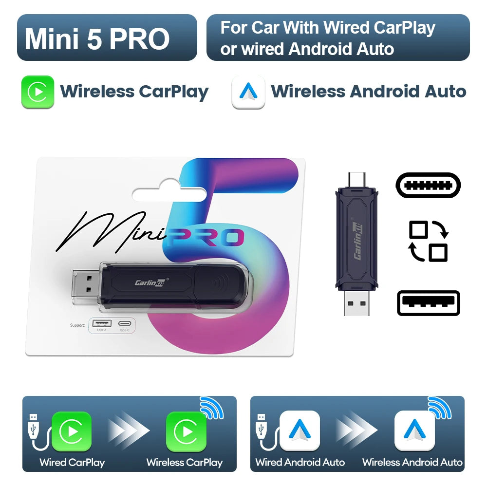 CarlinKit 5.0 Mini5 PRO Wireless Adapter Wireless CarPlay Android Auto For OEM Car Plug and Play WiFi Bluetooth Auto Connection by S And B Enterprise