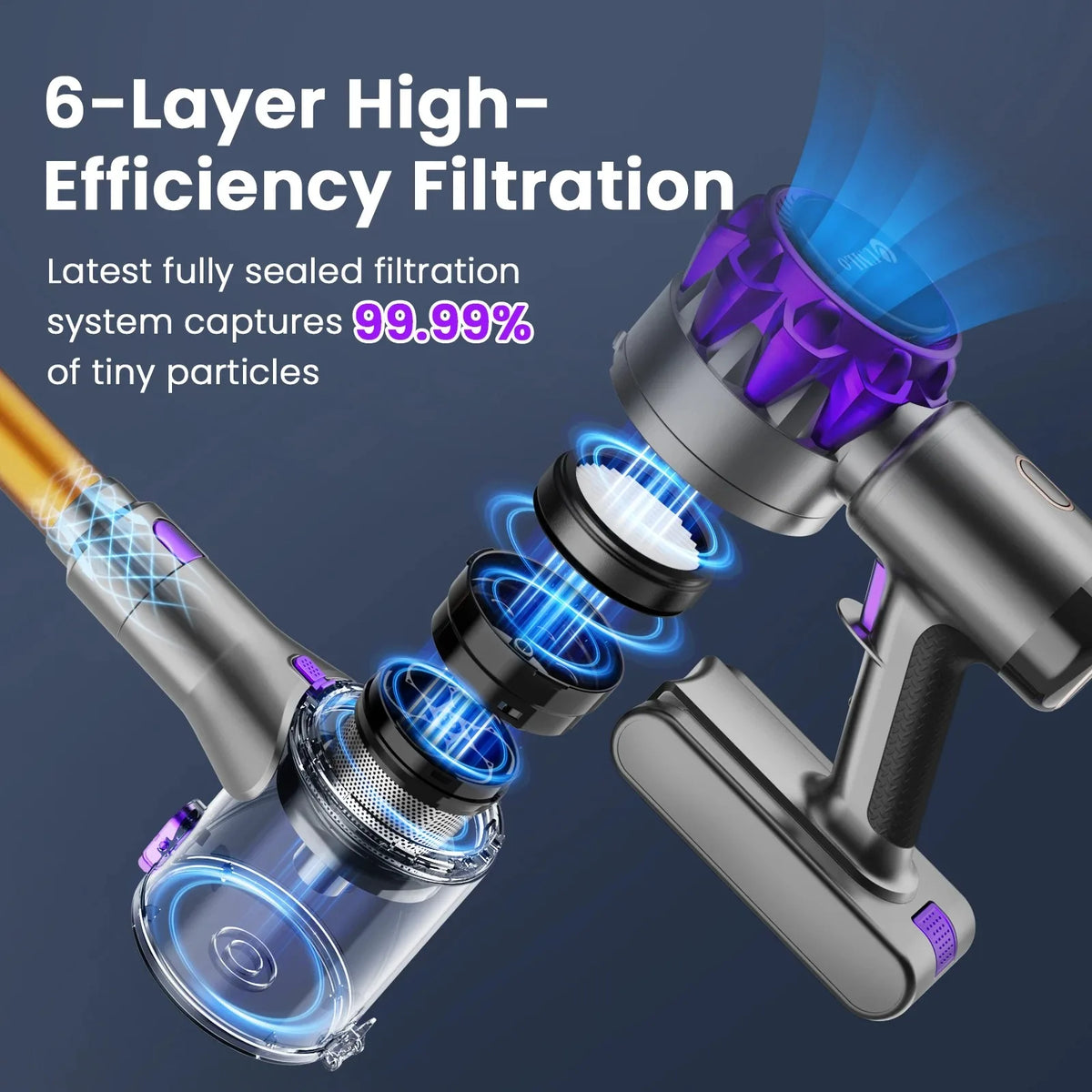 INSE S3P cordless vacuum cleaner with transparent dustbin, gray body, purple cyclone, blue LED accents