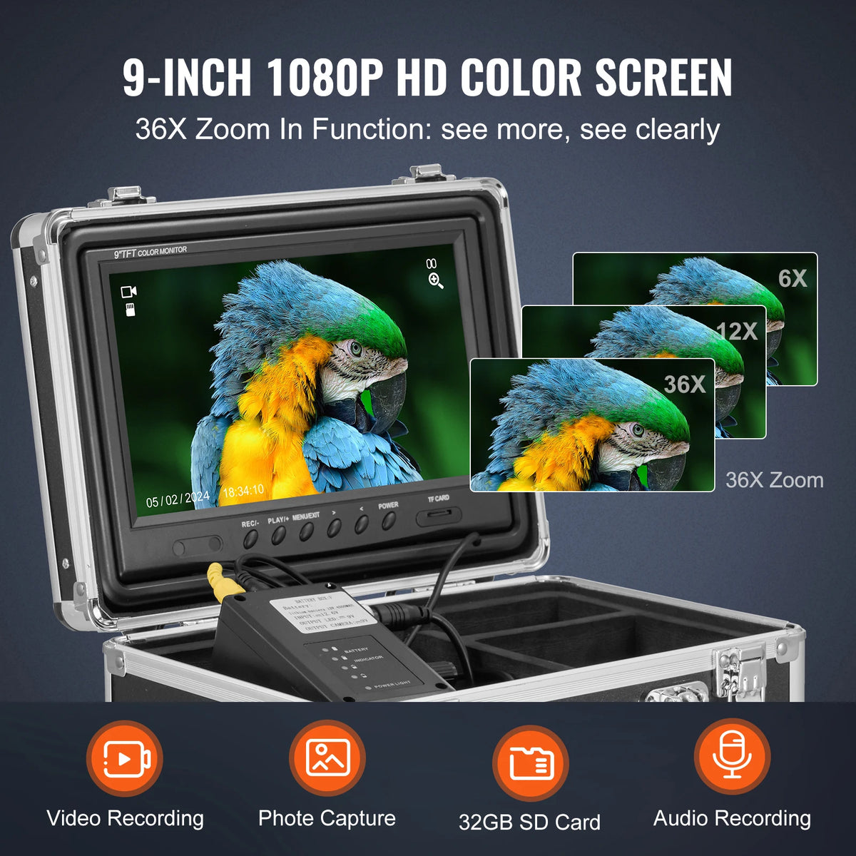 Self-leveling sewer camera in a rugged case with 165 ft cable, 9-inch 1080p HD screen and 512 Hz locator for duct pipes
