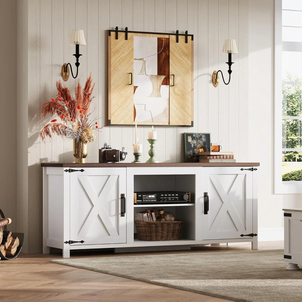 Modern Farmhouse TV Stand With X Shaped Barn Doors Storage
