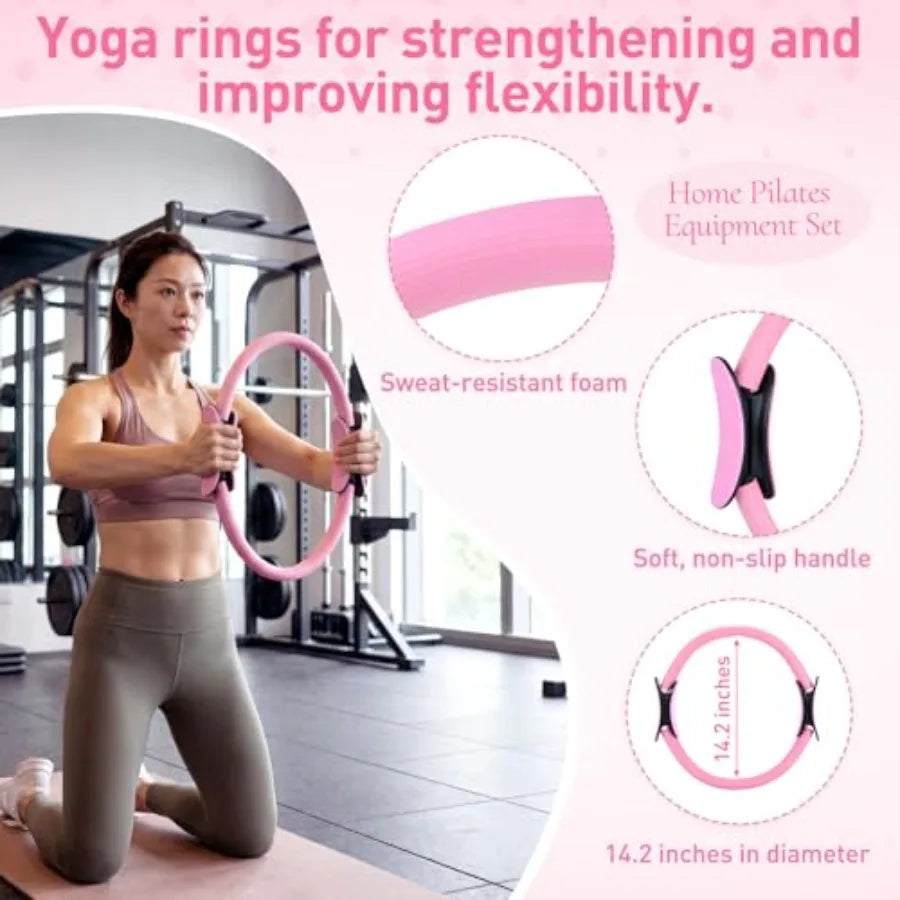 11 Pcs Pink Yoga Accessories Set for Women, Home Pilates Essential Kit for Workout Gym Lover Gifts with Yoga Mat Magic Circle T by S And B Enterprise