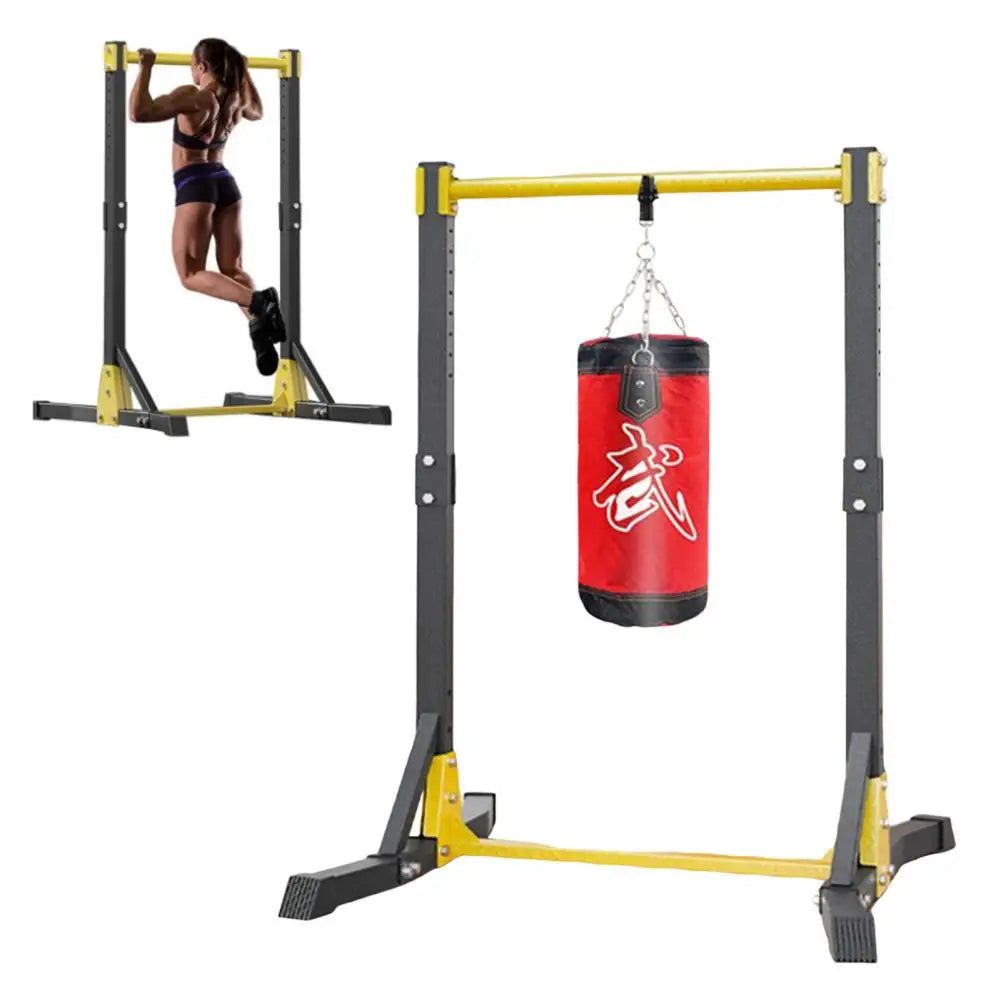 Pull Up Station for Home Gym by S And B Enterprise, freestanding gray/yellow frame with punching bag