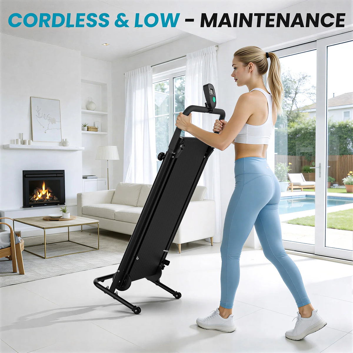 Akluer non-motorized foldable treadmill in black with an LCD monitor in a bright living room.