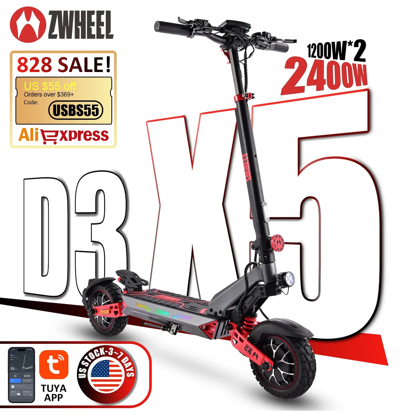 ZWHEEL D3 Dual Motors Electric Scooter 2400W All-wheel Drive Max Speed 39 MPH Max Range 50 Miles 960Wh Battery 1000 Cycles Bluetooth Locking and Unlocking Anti-theft Protection TUYA Smart APP 10''Off-Road Tires Low Noise Perf