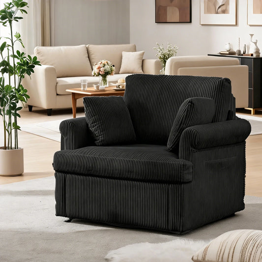 39-Inch black corduroy swivel barrel armchair with 2 pillows