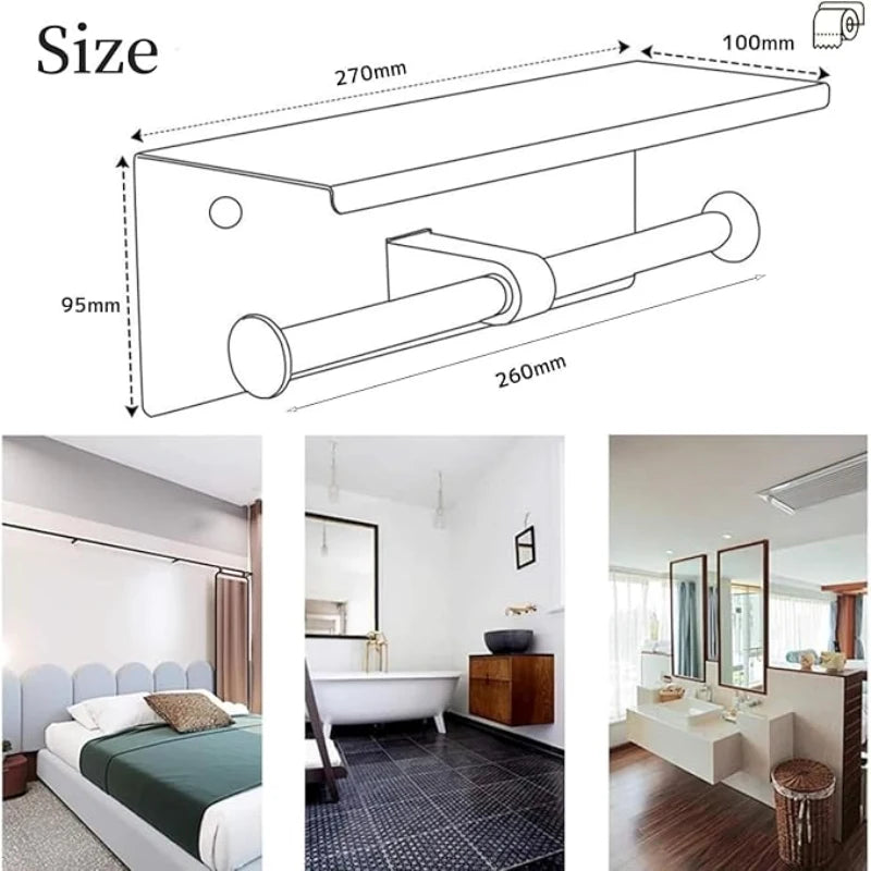 Wall-mounted toilet roll holder with shelf by S And B Enterprise, 304 stainless steel, double-roll.