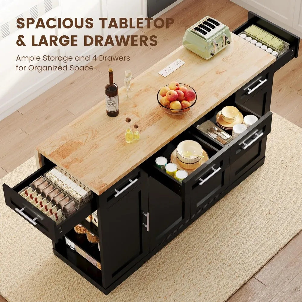 53-inch rolling kitchen island with wood top, black base, power outlet and multiple drawers