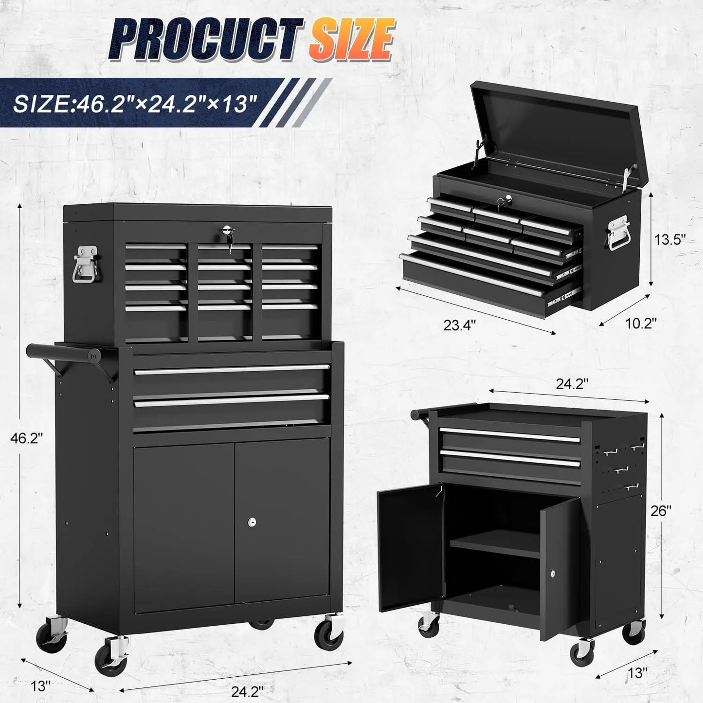 10-Drawer Rolling Tool Chest With Detachable Top Cabinet