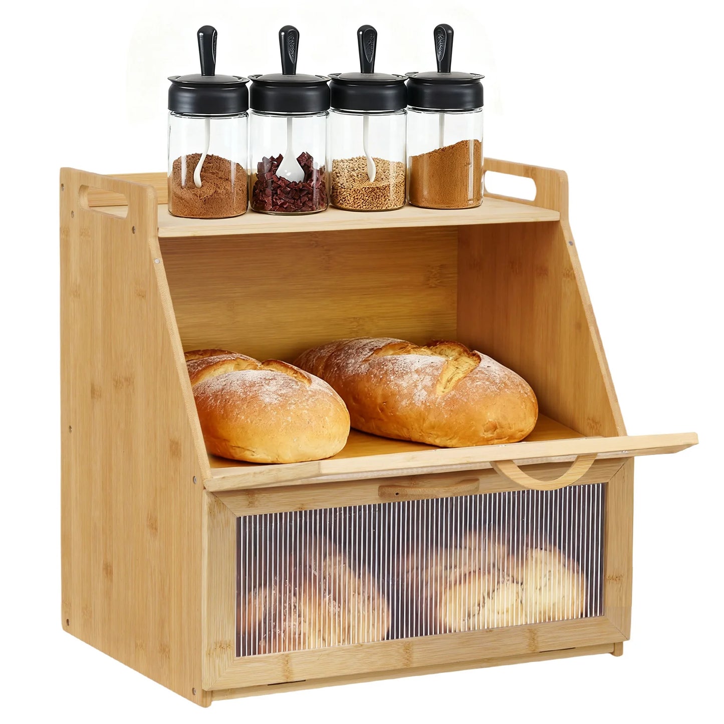 Double-layer wooden bread storage box in farmhouse style with four glass spice jars on top