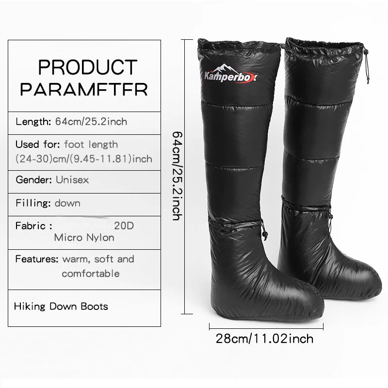 Kamperbox black hiking down boots, pair of insulated sleeping bag booties with down filling and drawcord tops