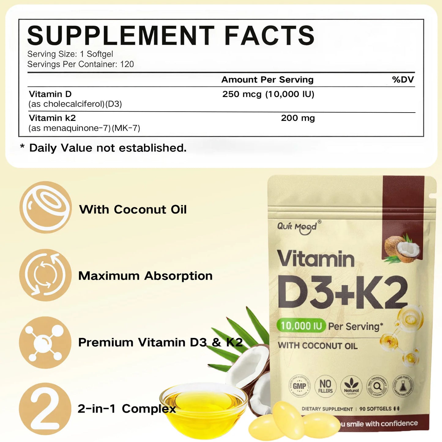 Vitamin D3K2, Assists Calcium Absorption, Trace Ingredient Vitamin Supplement Soft Capsule