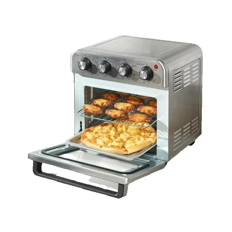 SucceBuy 18L stainless steel air fryer toaster oven with grill; countertop appliance cooking two dishes—pizza and wings.