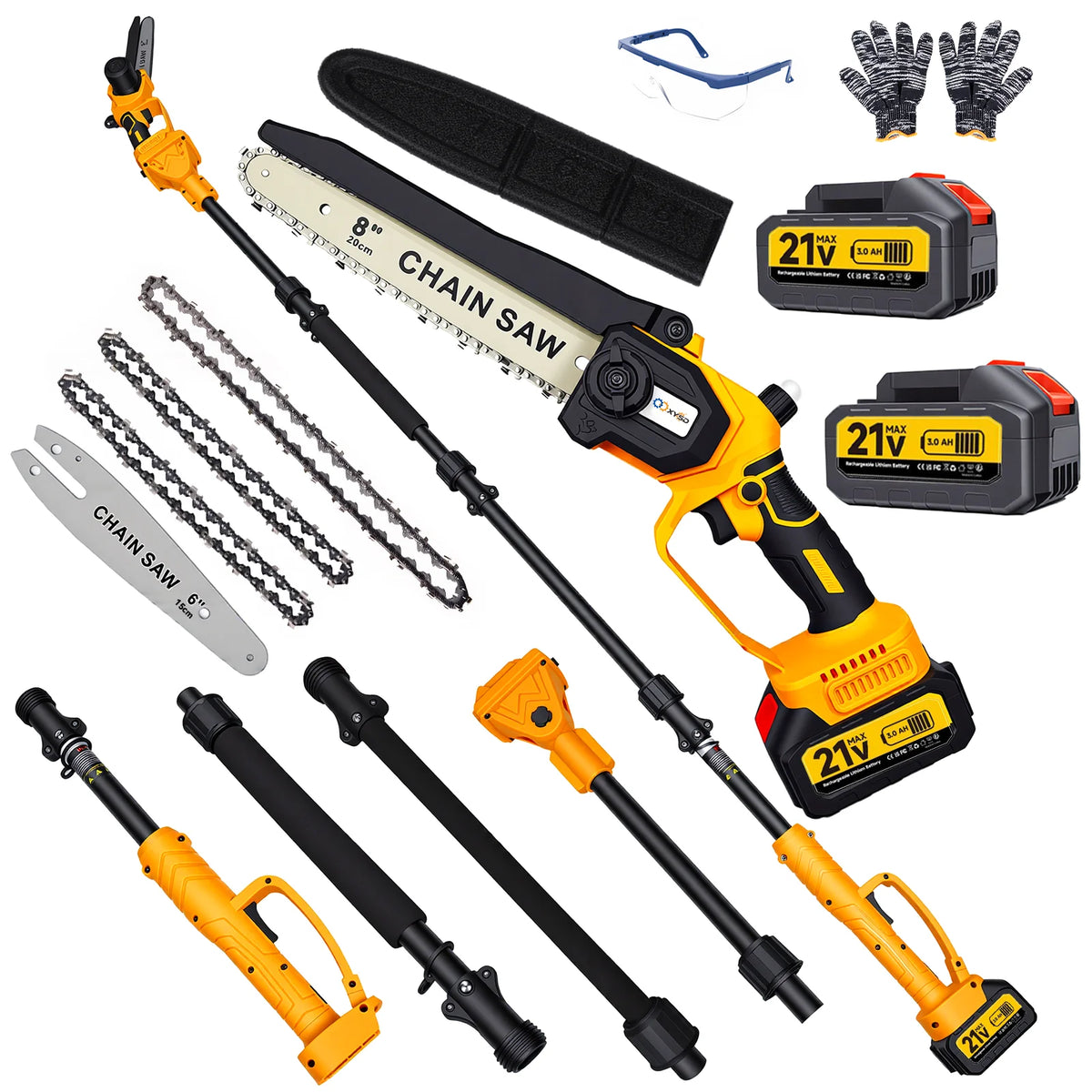 S And B Enterprise 2-in-1 cordless pole saw kit with 6in and 8in bars, extension pole, and two 21V 3Ah batteries