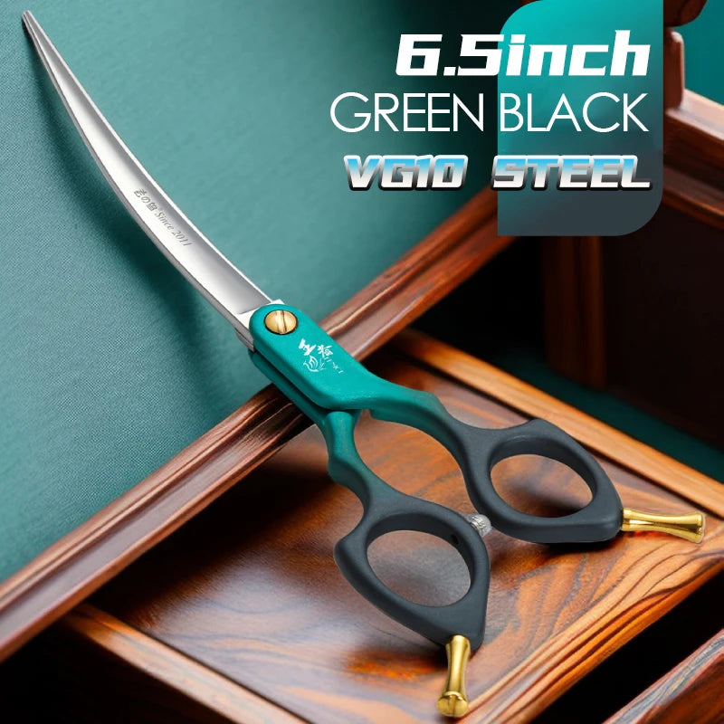 Fenice Professional curved pet grooming scissors JP440C VG10 steel, 6.5in, teal/green handles by S And B Enterprise