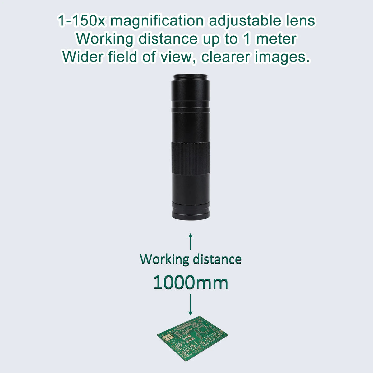 Soldering microscope lens, black with a textured grip, 1–150x magnification, above a green PCB.