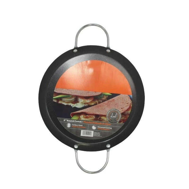 9in carbon steel nonstick round comal with metal handles, black by S And B Enterprise